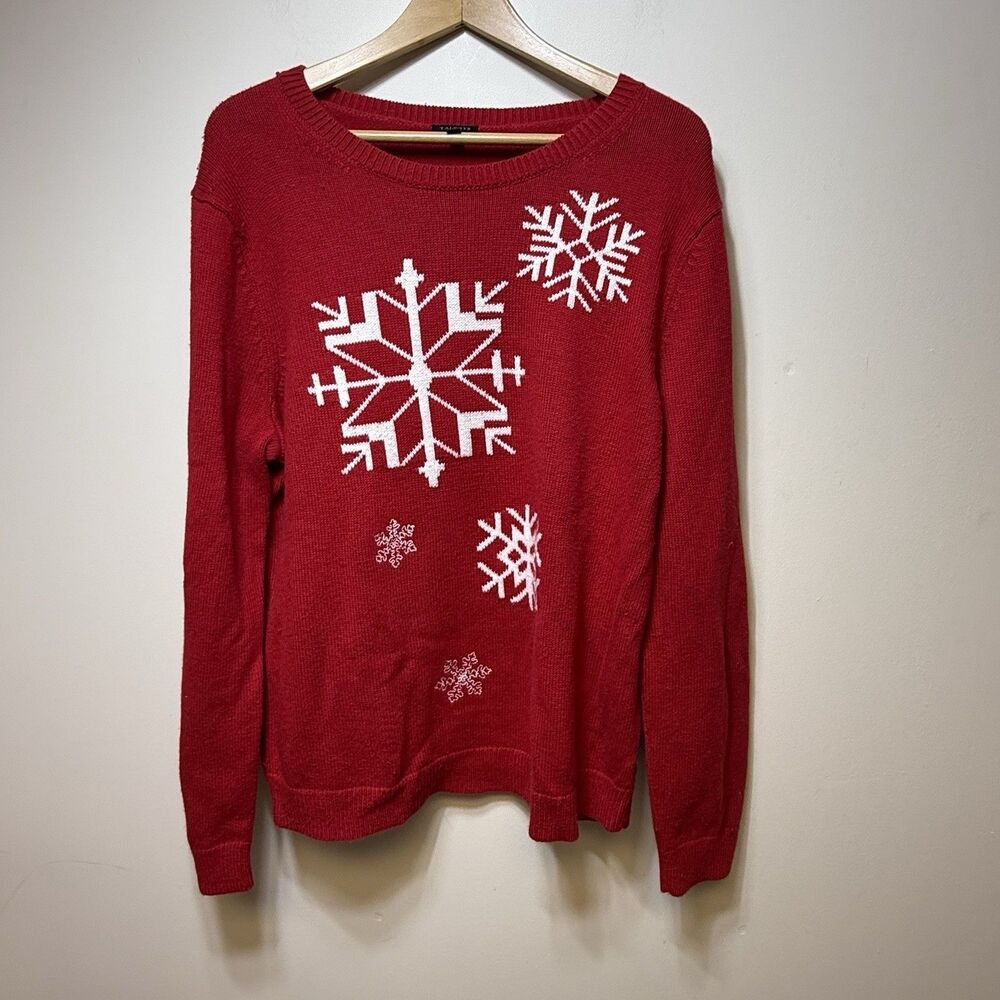 Talbots Snowflake Christmas Sweater Crewneck Sz L Red Winter Cashmere Bld Preppy